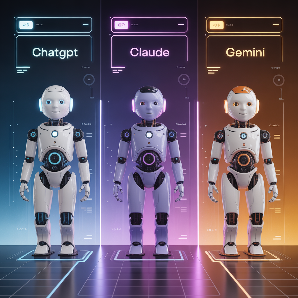 ideogram v3.0 “three advanced ai robots standing side by side representing chatgpt claude an 0