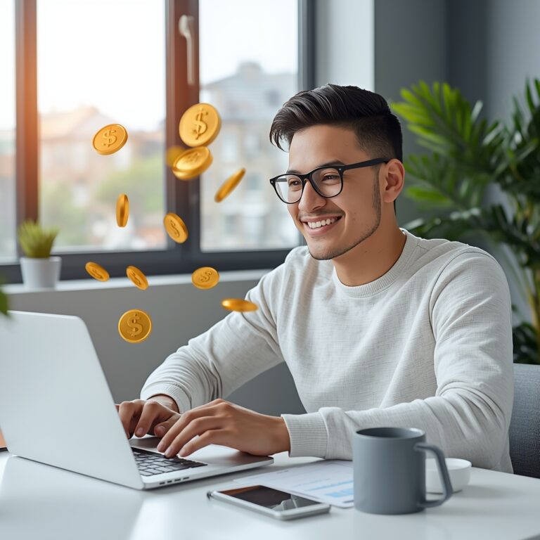 lucid origin “a beginner earning money using ai tools on laptop floating income icons dolla 0