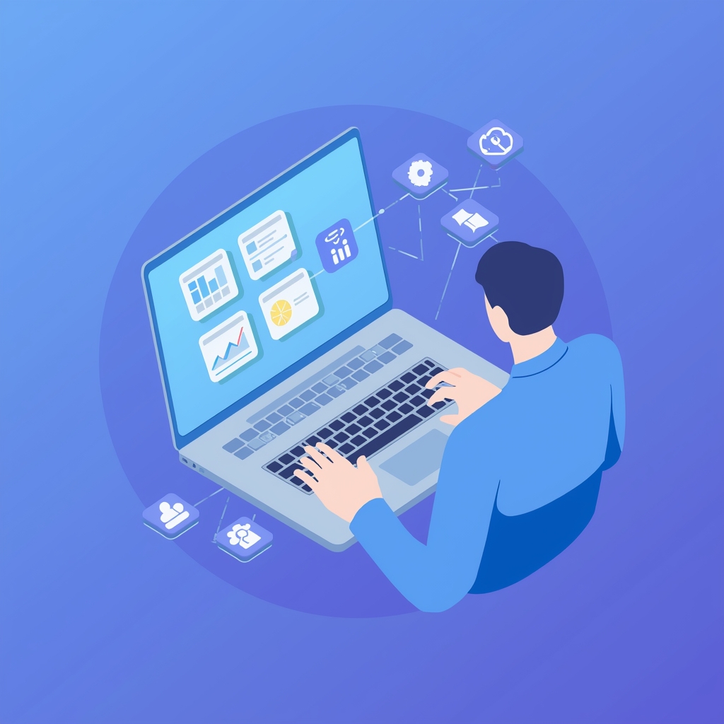 lucid origin a modern flat illustration of a person using a laptop with multiple ai tools on 0