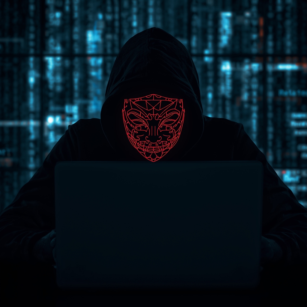 lucid origin “a person working on a laptop with a glowing ai interface hidden in shadows co 0
